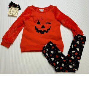 Pumpkin Halloween Shirt, Leggings, Headpiece 4T Black Orange 3 Piece Set Girls
